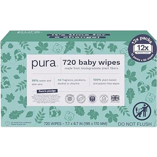 Pura Baby Wipes 12 x 60 Wipes (720 Wipes), 100% Plastic-Free & Plant Based Wipes, 99% Water, Suitable for Sensitive & Eczema-prone Skin, Fragrance Free & Hypoallergenic, EWG, Cruelty Free