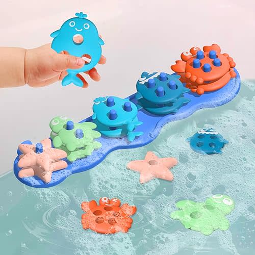 Baby Bath Toys, Premium Silicone Mold Free Ocean Animal Shape Sorting & Stacking Toddlers Bath Toys, No Hole Bathtub Floating Toys Gift for Boys Girls, Early Learning Sensory Water Toys, Bathtime Fun