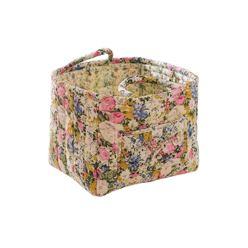 Quilted Fabric Storage Basket with Handles – Boho Foldable Floral Organizer Bin for Home, Picnic, Shopping, Travel 13"x11"x10" (Blush Bloom)