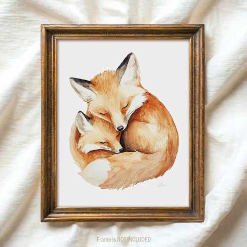 Mom & Baby Fox Wall Art PRINT Nursery Decor, Sleeping Fox Painting Canvas Cute Animal Family Watercolor Woodland Kids Room Girl Boy Gift