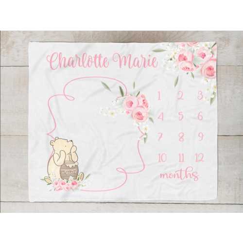 Winnie the Pooh Girl Milestone Blanket, Classic Pooh Baby Month Blanket, Personalized Baby Girl Gift, Winnie the Pooh Baby Shower Gift SM606