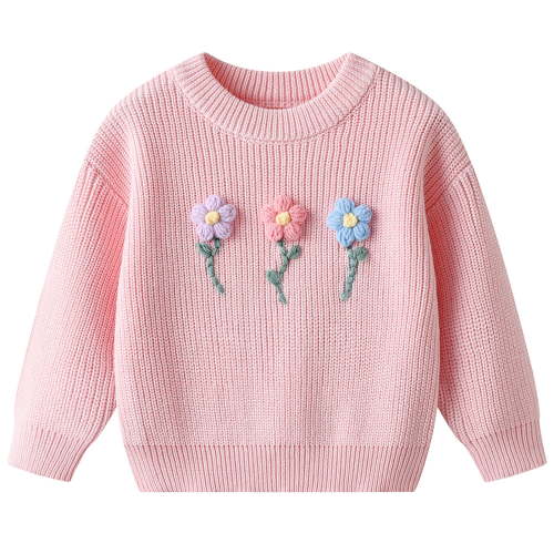 LIIPEE Girls Boys Tops Cartoon Hand Embroidered Floral Long Sleeve Round Neck Pullover Sweater Comfortable Weekend Shirt,Pink,9-12 Months