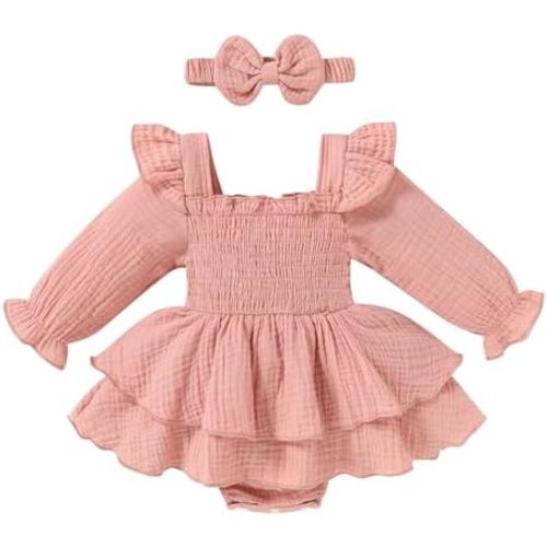 YOUNGER TREE Baby Girl Fall Clothes Infant Long Sleeve Ruffle Romper Dress with Headband Cute Toddler Winter Outfits