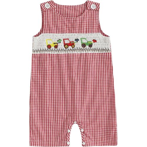 Newborn Baby Boys Sleeveless Seersucker Romper One Piece Straps Overalls Striped Jumpsuit Summer Smocked Clothes