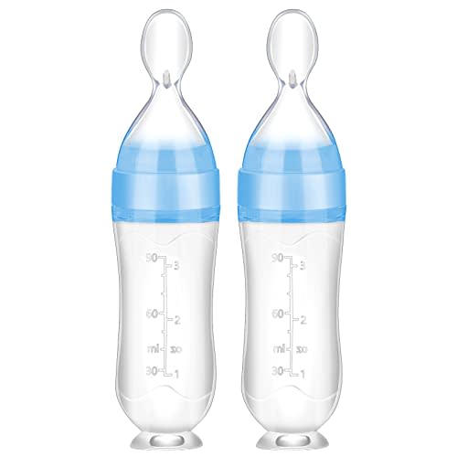 Nuanchu Baby Spoons 2 Pack Silicone Baby Food Feeder 3 oz Squeeze Feeding Spoon Toddler Dispensing Feeder Suction Cup Design Travel Friendly for Kids Toddlers Boys Girls(Blue)