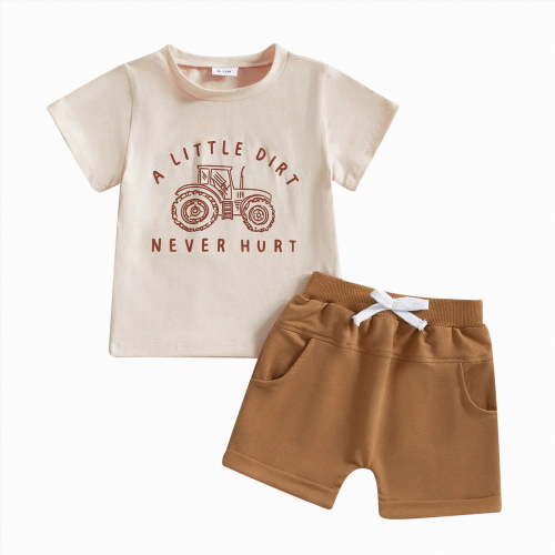 Hessimy Toddler Boy Cotton Cartoon Print Short Sleeve Tshirt and Short Set,Breathable Knit(Beige,0-6 Months)
