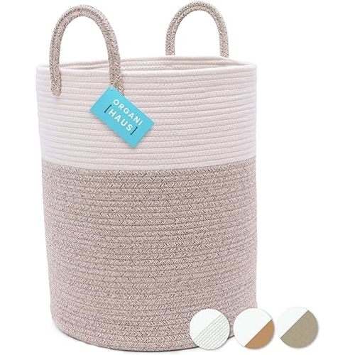OrganiHaus Large Brown Woven Laundry Basket w/Handles 52L, Rope Dirty Clothes Hamper, Blanket Basket for Living Room, Baby Laundry Hamper for Nursery, Soft & Durable Decorative Organizer Bin