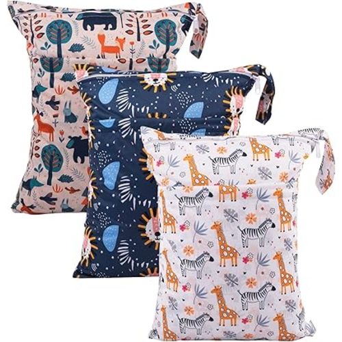 babygoal Wet Dry Bags for Baby Cloth Diapers, Washable Travel Bags, Beach, Pool, Gym Bag for Swimsuits & Wet Clothes with Two Zippered Pockets 3 Pack, 3LN25