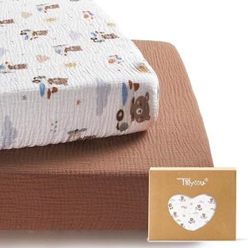 TILLYOU 2 Pack Muslin Crib Sheets for Boys and Girls, 100% Cotton Fitted Crib Sheet for Toddler 52x28 Standard Crib Mattress, Pilot Bear