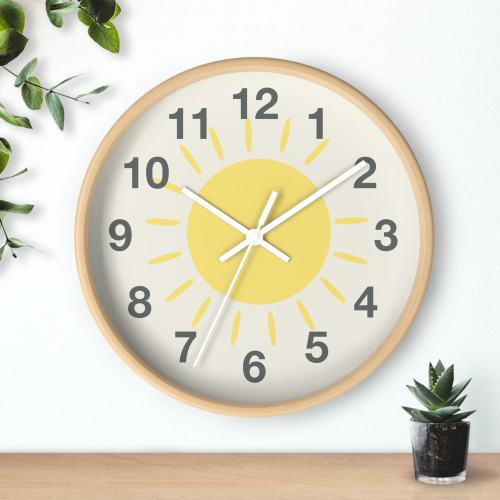Yellow Sun Silent Wood Wall Clock - Kids Nursery Decor