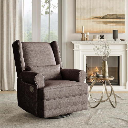Superjoe Swivel Recliner Chair, Comfy Glider Rocking Chairs with Lumbar Pillow and Footrest, Upholstered Swivel Rocking Chair for Bedroom,Nursery, Brown