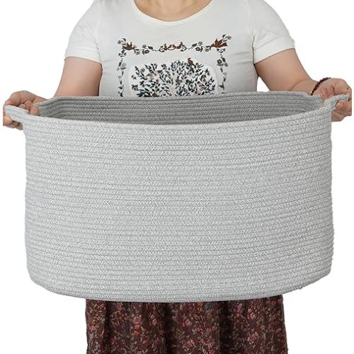 Large Rectangle Blankets Basket Living Room 22"x17"x12" Woven Cotton Rope Storage Baskets for Nursery Toy Baskets for Kids and Dogs Laundry Basket Bin for Clothes Towels grey
