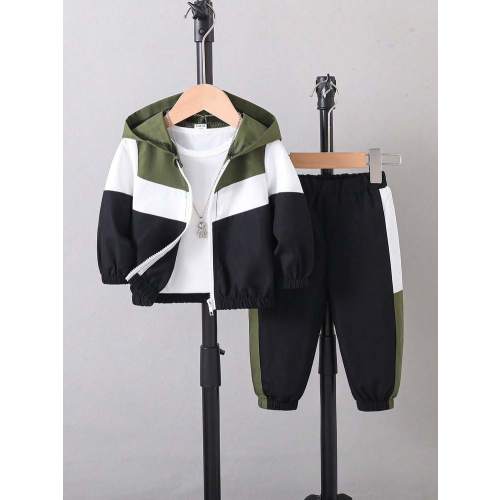 SHEIN Toddler Boys' Hooded Zip-Up Jacket With Matching Pants, Casual Versatile, Suitable For Outdoor And Indoor Wear, Suitable For Spring And Autumn Baby Boy Track Suit Baby Boy Jacket Set Toddler Boy Track Suit Baby Boy Hoodie Jacket | SHEIN USA