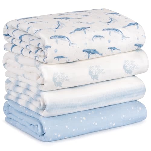CIVARUA KIDS Muslin Swaddle Blankets for Newborn, 4 Pack Cotton Baby Blankets for Boys, Large 31.5 x 43.3 Breathable Soft Receiving Blanket, Essentials Swaddle Wrap Burping Clothes, Blue Whale