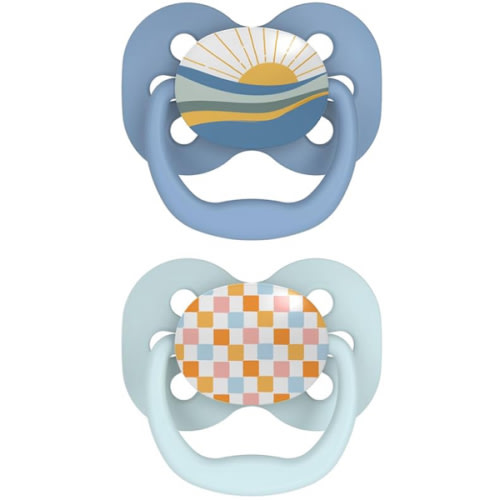 Dr. Brown's Advantage Baby Pacifier, Fully Symmetrical Soother with Soft Silicone Bulb, Blue Sunrise, 0-6m, BPA Free, 2 Pack