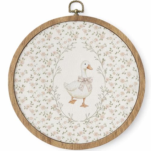 HYKDFMNCJ Coquette Bow Goose Floral Round Framed Wall Art, Cottagecore Rose Flower Botanical Goose Wall Hanging Canvas Prints Artwork Decorations for Girls Room Nursery Playroom, 10x10 Inch