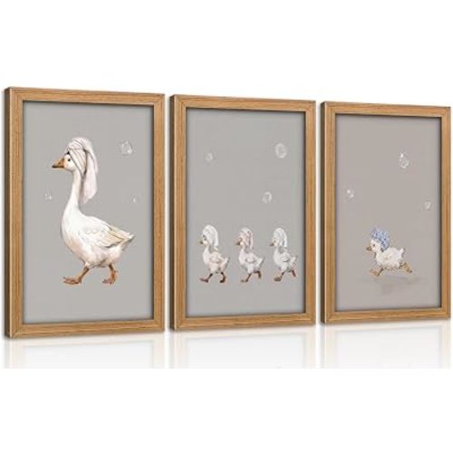 3Pcs Fnuuy Bathroom Duck Wall Art, Nursery Goose Canvas Print Poster, Cute Animal Decor for Living Room Bedroom, Unframed