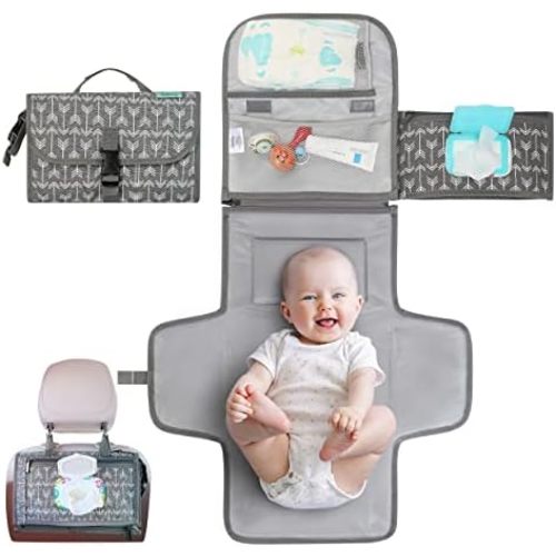 Kopi Baby Portable Diaper Changing Pad, Wipes Pocket, Classic Grey Arrows
