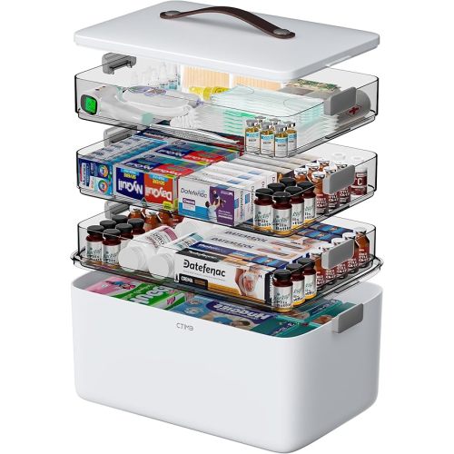 CTIME 4-Tier XL Medicine Organizer - Portable Medicine Cabinet with Leather Handle, Empty First Aid Kit for Home Organization Must, School, Dormitory, Travel, RV, Dorm, Ideal Elderly Gift
