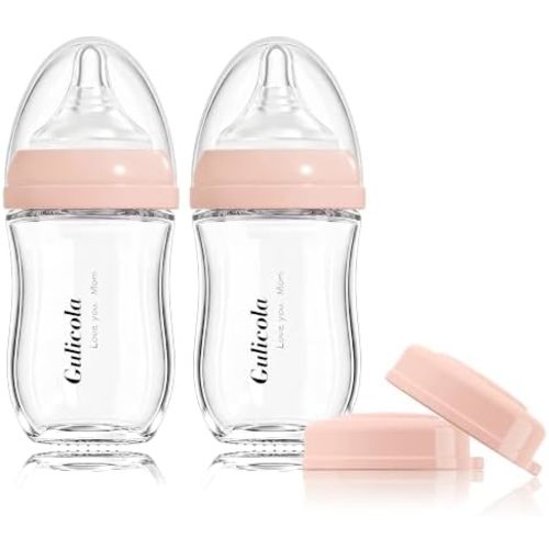 Gulicola Natural Glass Baby Bottle for Breastfeeding Babies, Newborn Anti-Colic Bottle Set with Slow Flow Nipple, 0-3 Months, 5 oz, 2 Pack - Pink
