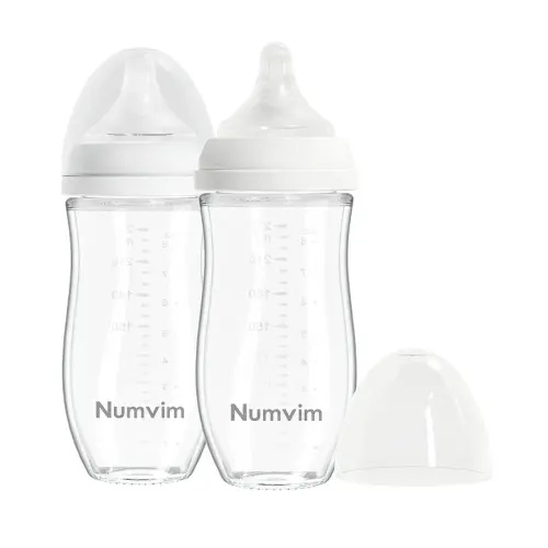 Natural Glass Baby Bottle for Breastfeeding Babies, Baby Essentials, Gentle Medium Flow, Wide Neck Bottle with Anti Colic Nipple for 3 Months Babies, Includes M Nipples (8Oz, 2 Packs)