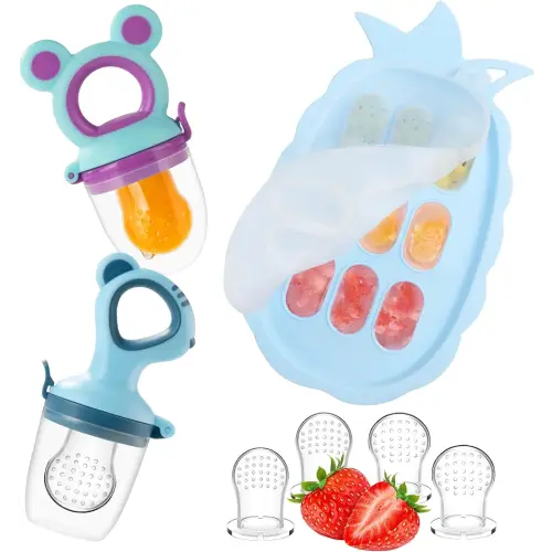 Baby Fruit Feeder Baby Breastmilk Popsicle Molds, Food Freezer Tray Storage Containers, Silicone Pacifier Feeder and Teether, Includes 6 Extra Food Pacifier