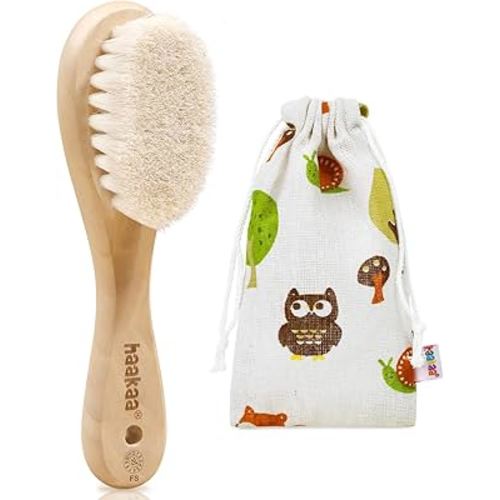haakaa Wooden Baby Hair Brush for Newborns and Toddlers Baby Brush Natural Soft Wool Bristles Hairbrush, Ideal for Cradle Cap, Perfect Baby Registry Gift with Carry Pouch, 1PC