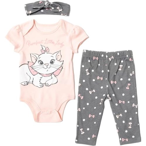 Disney The Aristocats Marie Newborn Baby Girls Bodysuit Pants and Headband 3 Piece Outfit Set Gray/Pink 0-3 Months