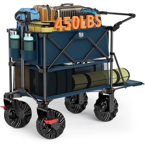 TIMBER RIDGE Push & Pull Double Decker Wagon, 400L Large Capacity Heavy Duty & 450lb Load, Collapsible Cart with All-Terrain Wheels & Brakes, 54” Extended Foldable for Sports, Beach, Camping, Grey
