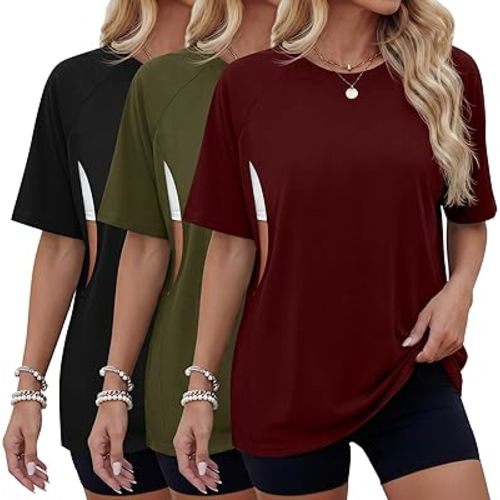 3 Pack Women's Oversized Nursing Shirts Short Sleeve Breastfeeding Maternity Tops Hidden Zipper Pregnancy Clothes