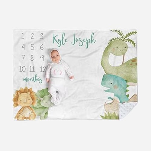 Custom Baby Monthly Milestone Blanket - Custom Name with Dinosaur Designs Photography Background - Soft Plush Blanket with Double Layer Dotted Backing for Boys Girls Gift Color02(30"x40")