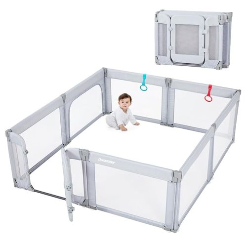 Baby Playpen with Door, Foldable Adjustable Play Pen for Babies and Toddlers,Heavy-Duty Play Yard Fence Play Area, Large Toddler Playpen, Light Grey