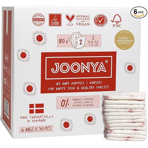 Joonya Baby Diapers, Size 2 S (7-13 lb) - 6 Bags of 30 (180) - Non Toxic, Eco-Friendly, High Absorbency, Overnight Use, Ultra Slim & Soft - Made in Denmark