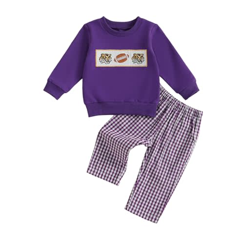 DSOKUHIB Toddler Baby Boy Football Outfit Tiger Elephant Embroidery Crewneck Sweatshirt Plaid Pants Set Fall Winter Clothes
