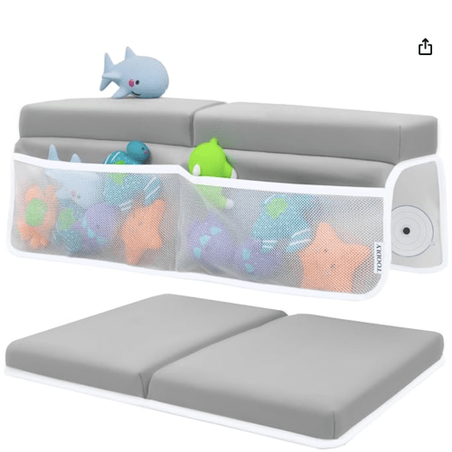 Comfortable Baby Bath Kneeler and Elbow Rest Pad Set – Thick Memory Foam Bath Kneeling Pad with Elbow Support – Baby Bathtub Cushion with Toy Organizer for Bathing Infant or Toddler - Grey