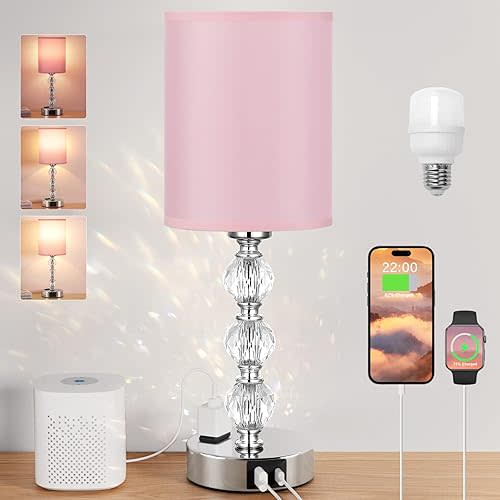Pink Touch Bedside Lamps for Bedrooms - Crystal Table Lamp with USB C+A Charging Port and AC Outlet Nightstand, 3 Way Dimmable Silver Small End Side Table Lamp for Living/Guest/Dinning Room/Kitchen