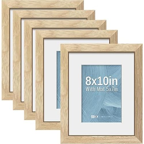 VCK 8x10 Picture Frame 5 Pack - Natural Wood Grain, High-End Wood Poster Frames with Tempered Glass, Display 5x7 Photo with Mat or 8x10 without Mat, Art Gallery-Quality, Wall Hanging/Tabletop, Natural