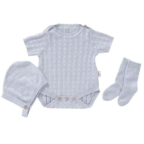 Avibae Cotton Baby Set with Knitted Short Sleeve Sweater, Hat, Socks | Newborns 3-Piece Set With Gift Bag and Greeting Card