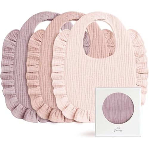 Konssy Muslin Baby Bibs for Girls – Soft 100% Cotton Drool Bibs, Ruffle Trim for Newborns & Toddlers 0-36 Months 3-Pack