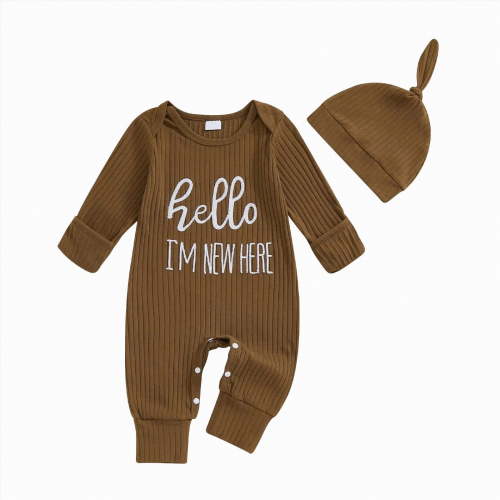 mgoYE Newborn Baby Boy Girl Clothes Hi I'm New Here Coming Home From Hospital Outfits Gender Neutral One Piece Romper(Brown,3-6 Months)