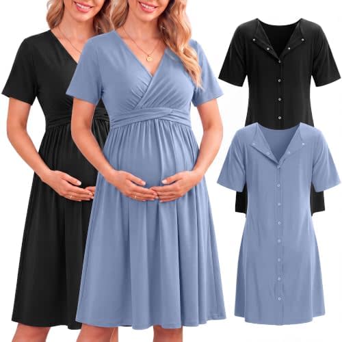 2 Pack Labor and Delivery Gown for Hospital Maternity Nursing Dress Nightgown Button Back Birth Recovery Sleepwear