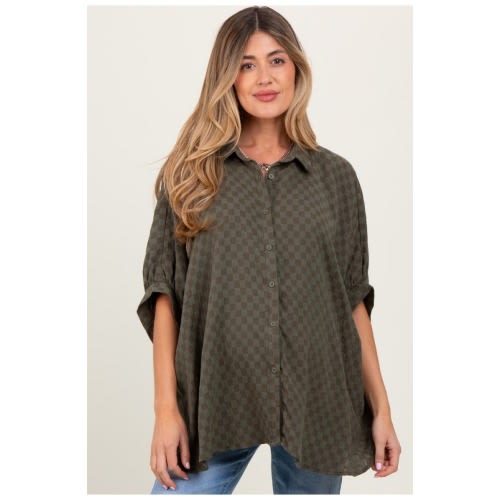 Checker Print Short Sleeve Oversized Blouse, X-Large