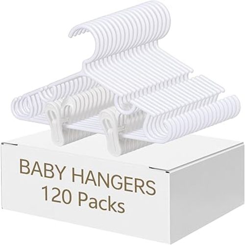 Nursery Baby Hangers with Clips, 40 Newborn Kids Plastic Clothes Hangers for Toddler Pants – with 80 Clips for Children's Clothes Packs(White,120 Packs)
