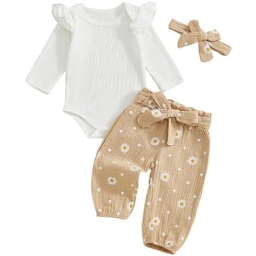 Newborn Infant Girl Clothes Rib Knit Ruffles Long Sleeve Romper Daisy Pants Baby Clothes for Girls 0 3 6 12 18 24M