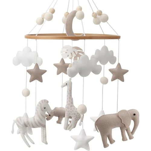 Safari Mobile for Crib - A Neutral Handmade White Jungle Crib Mobile with Safari Animals Clouds and Stars for a Neutral Nursery