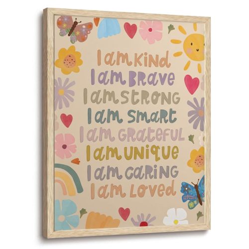 Inspirational Nursery OAK Framed Wall Art Positive Affirmations Canvas Wall Art Motivational Prints Encourage Pictures Floral Sunshine Butterfly Decor for Children Bedroom Playroom 12x16
