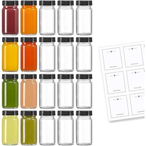 20 PACK 2 oz Glass Shot Bottles w/ Black Lids & 20 Labels - Small Clear Jar for Ginger, Wellness Shot, Juice, Sample, Whiskey - Travel Essentials Mini Bottles - Wide Mouth, Leakproof, Dishwasher Safe