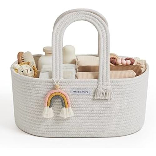 Blissful Diary Baby Diaper Caddy Organizer, Cotton Rope Diaper Caddy Basket, Oval Storage Basket, Gift for Baby Shower, Newborn Essentials, Beige