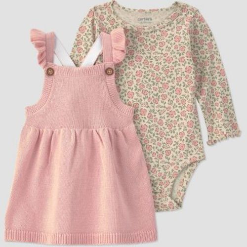 Carter's Just One You® Baby Girls' 2pc Long Sleeve Floral Bodysuit and Sweater Knit Ruffle Overalls Set - Pink 6M
