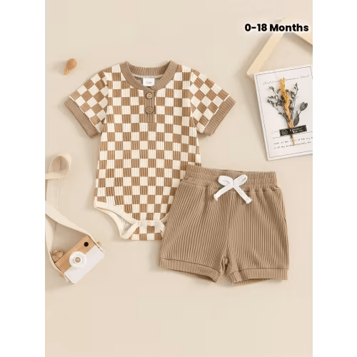 baby boys summer outfits checkerboard buttons short sleeve - Temu